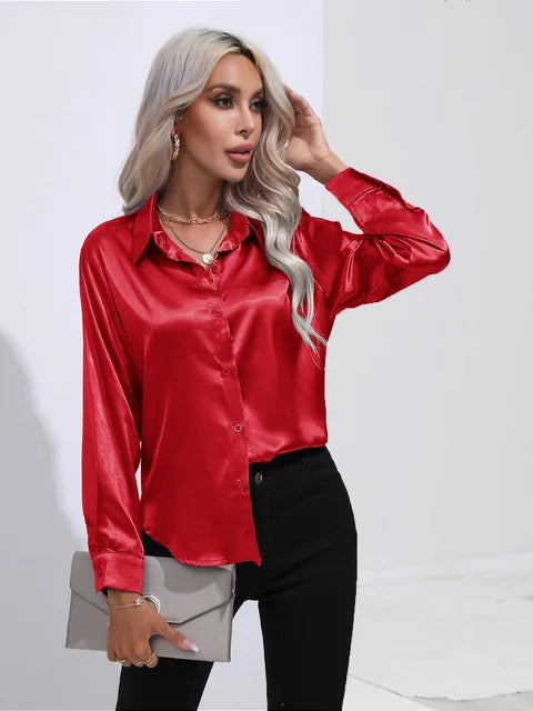 Camicetta in raso da donna Valérie - Elegante camicetta a maniche lunghe, vestibilità ampia e lucida