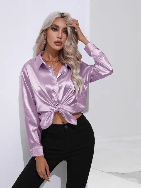 Camicetta in raso da donna Valérie - Elegante camicetta a maniche lunghe, vestibilità ampia e lucida
