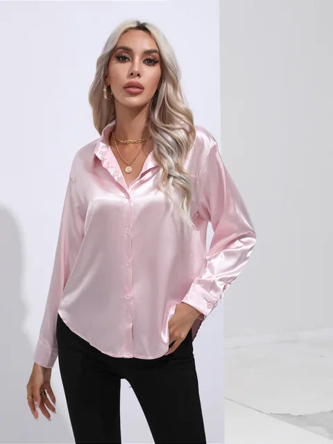 Camicetta in raso da donna Valérie - Elegante camicetta a maniche lunghe, vestibilità ampia e lucida