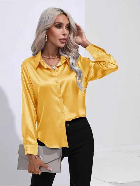 Camicetta in raso da donna Valérie - Elegante camicetta a maniche lunghe, vestibilità ampia e lucida