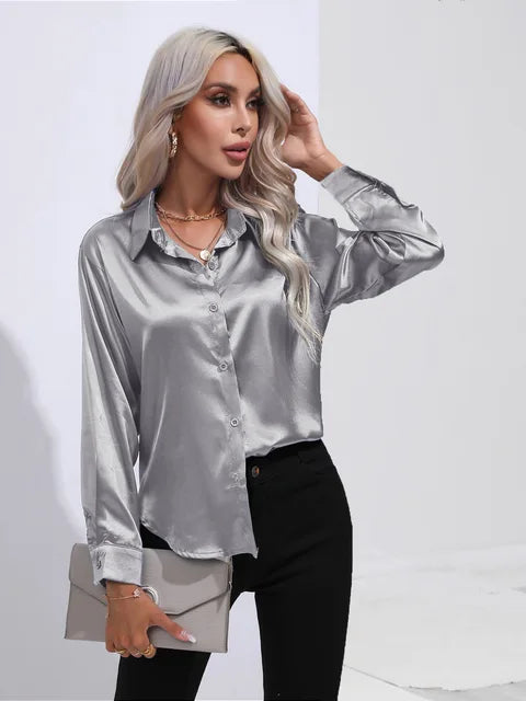Camicetta in raso da donna Valérie - Elegante camicetta a maniche lunghe, vestibilità ampia e lucida