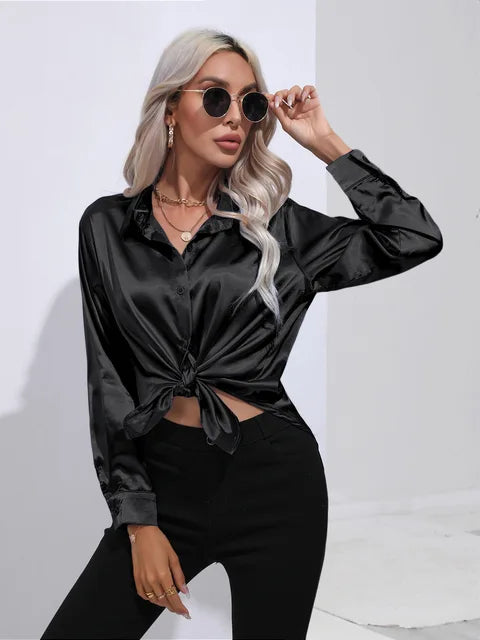 Camicetta in raso da donna Valérie - Elegante camicetta a maniche lunghe, vestibilità ampia e lucida