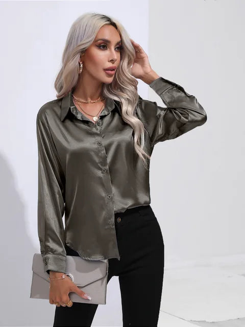 Camicetta in raso da donna Valérie - Elegante camicetta a maniche lunghe, vestibilità ampia e lucida