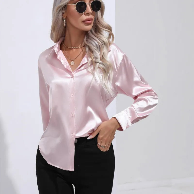 Camicetta in raso da donna Valérie - Elegante camicetta a maniche lunghe, vestibilità ampia e lucida