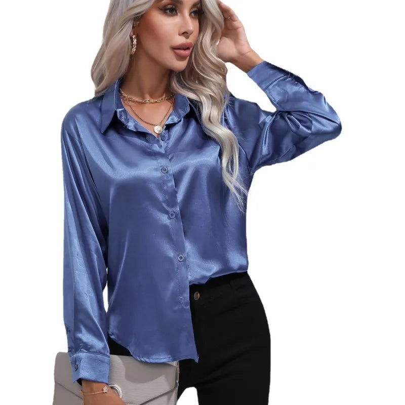 Camicetta in raso da donna Valérie - Elegante camicetta a maniche lunghe, vestibilità ampia e lucida