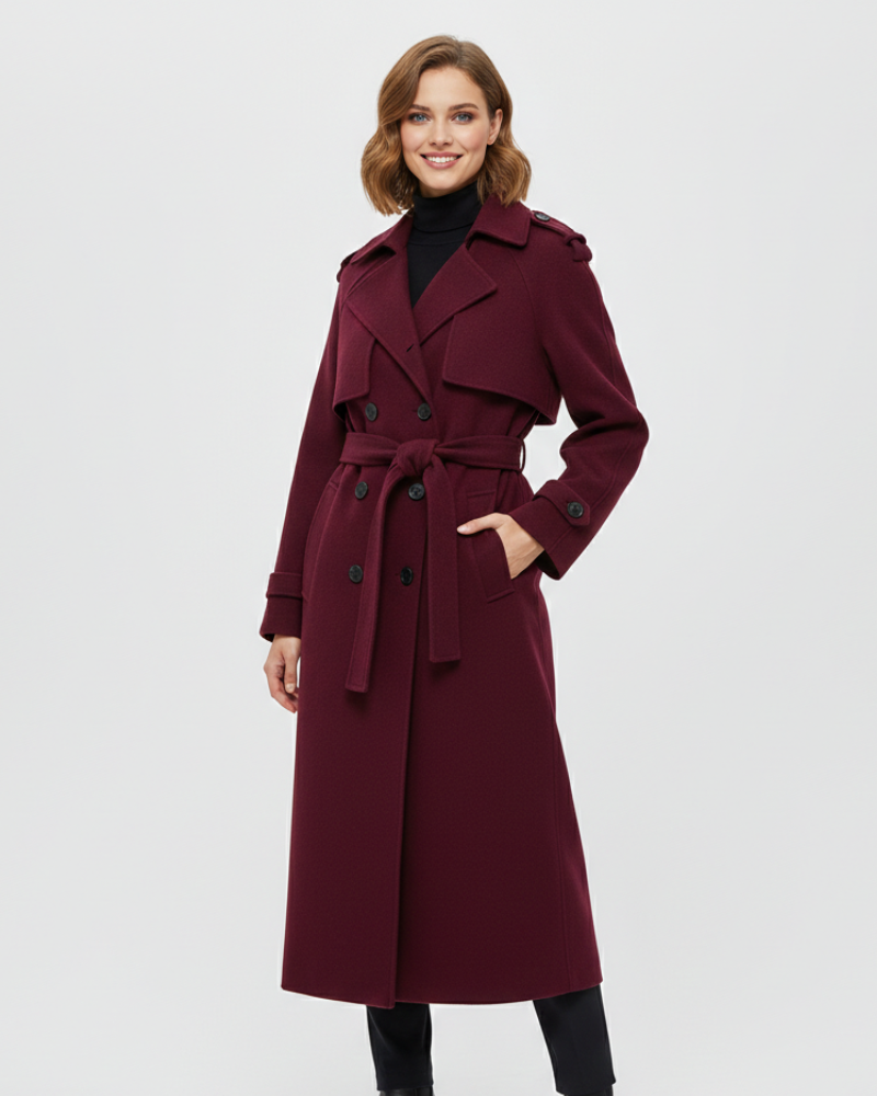 Imani Damen-Wintermantel Bordeaux – Mit Gürtel, Doppelreihig & Klassische Eleganz