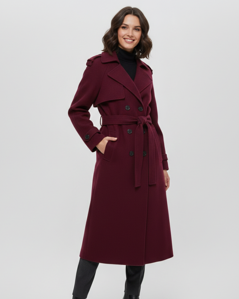 Imani Damen-Wintermantel Bordeaux – Mit Gürtel, Doppelreihig & Klassische Eleganz