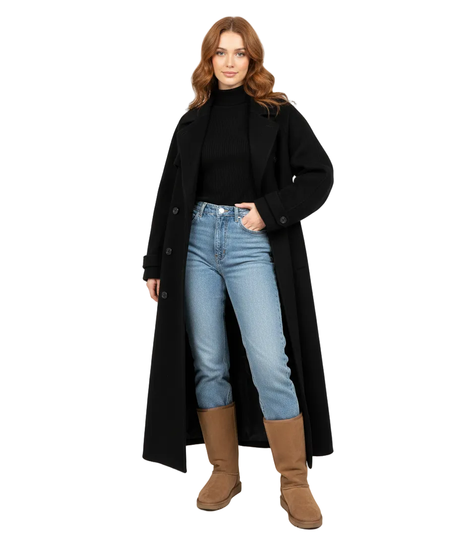 Інка Пальто Довге Вільного Крою Жіноче – Подвійне Застібання Ґудзиками та Витончений Відкладний Комір