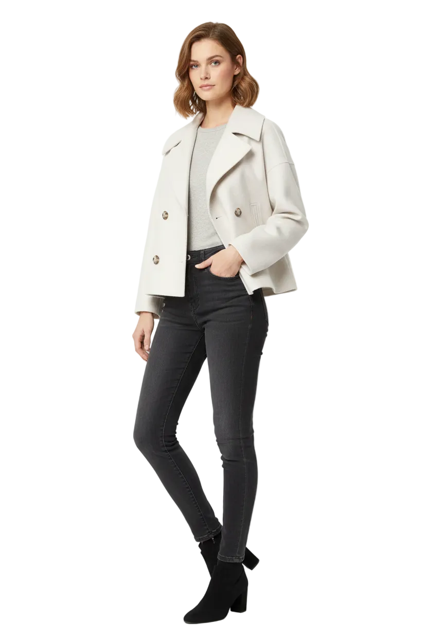 Noëlle Manteau Court Femme Double Boutonnage – Laine Mélangée & Style Élégant