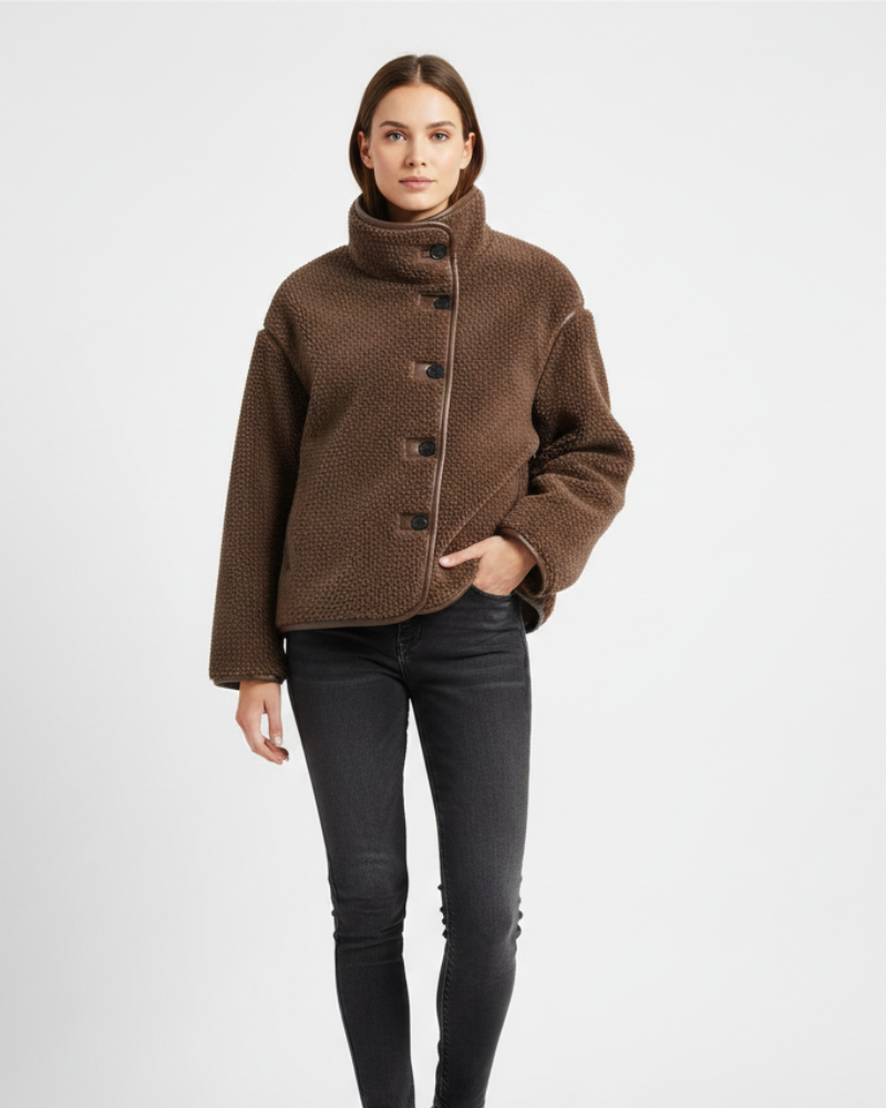 Yllana damska elegancka polarowa kurtka – stójka i zapięcie na guziki na jesień i zimę