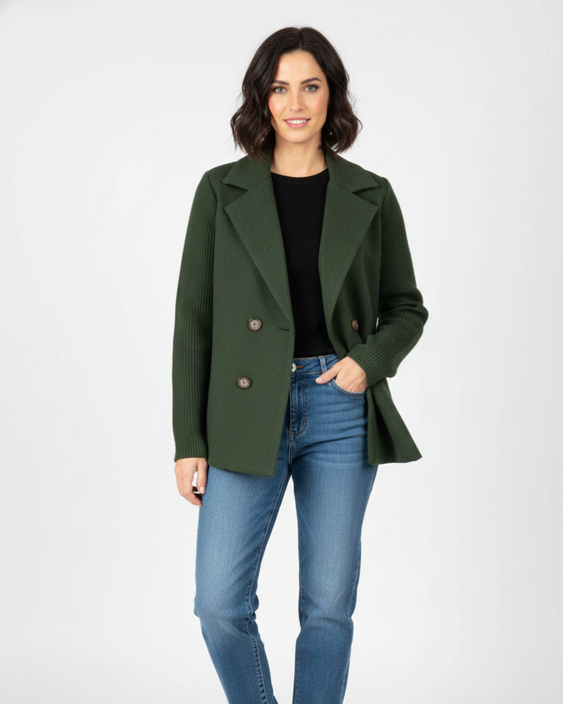 Charina női blézer kötött anyagból – dupla gombolású kabát hajtókával és hosszú ujjakkal