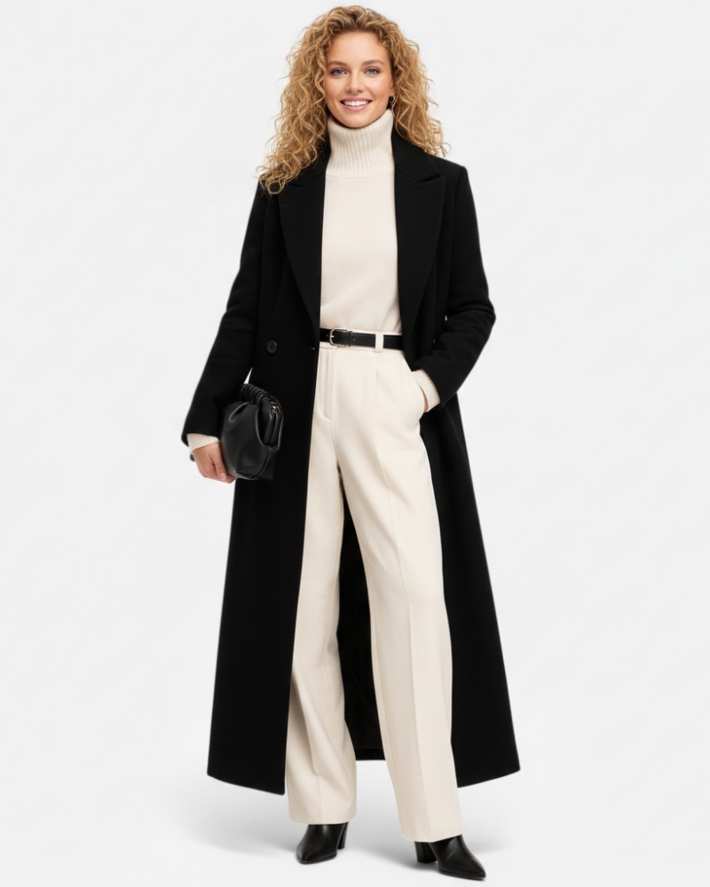 Isolde Manteau Dugi Crni Ženski – Elegantni Kroj s Klasičnim Ovratnikom i Šik Kopčanjem