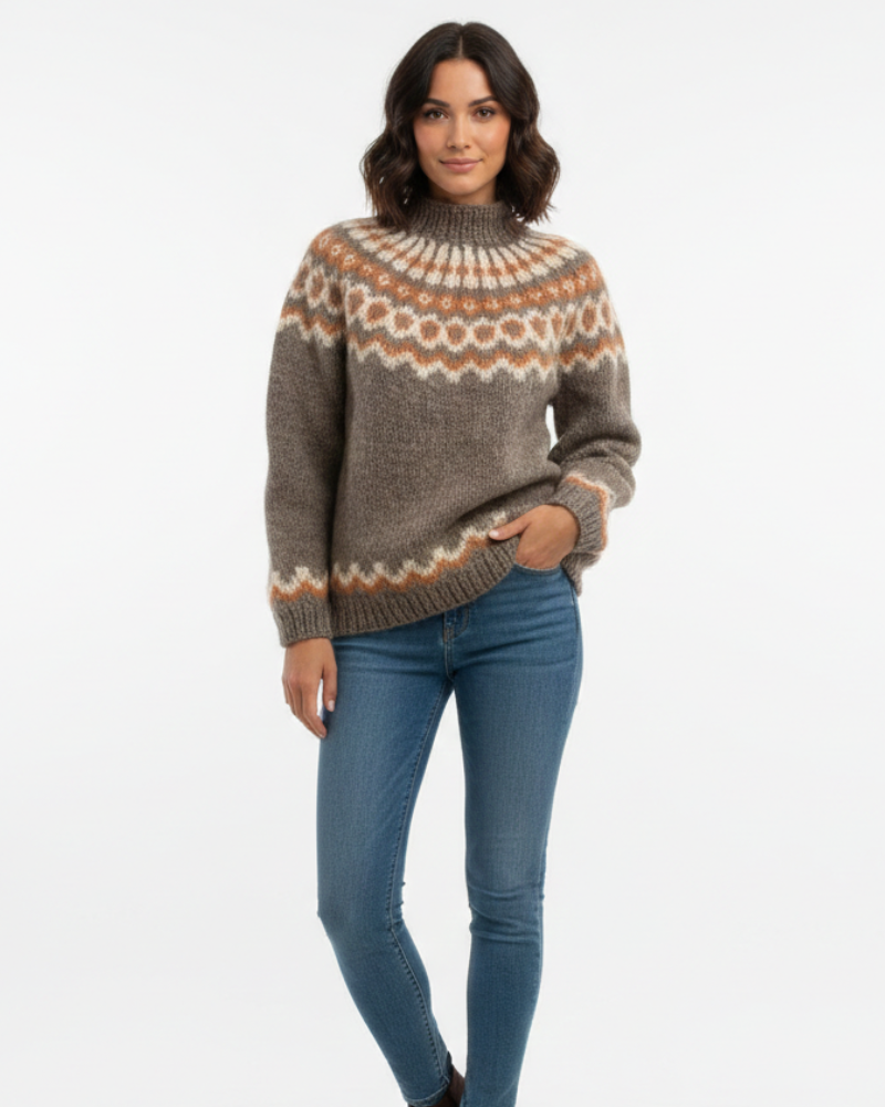 Yssa Pull Islandais Femme – Tricot Mohair 100% Coupe Ample avec Motif Nordique