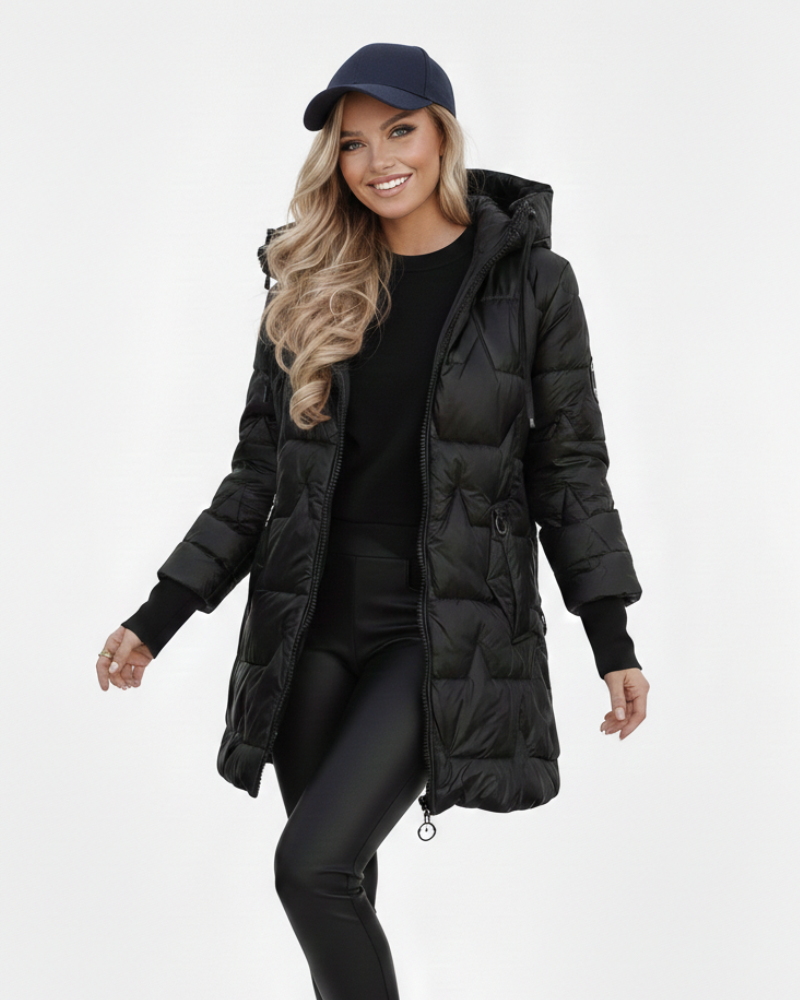 Charlie Dámsky zimný kabát – elegantná bunda s kapucňou, vreckami a zapínaním na gombíky