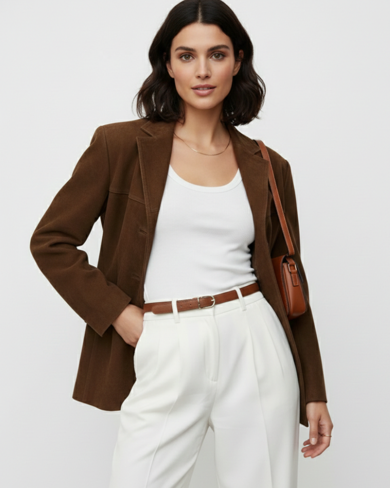 Σιένα Μπλέιζερ Suédine Γυναικείο – Κομψό Μπουφάν Μοντέρνας Γραμμής από Καφέ Suédine