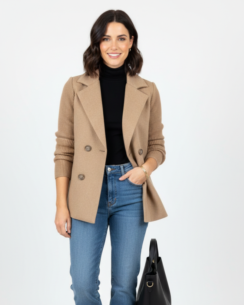 Charina Σακάκι Πλεκτό Γυναικείο – Μπλέιζερ Διπλό Κουμπί με Γιακά και Μακριά Μανίκια