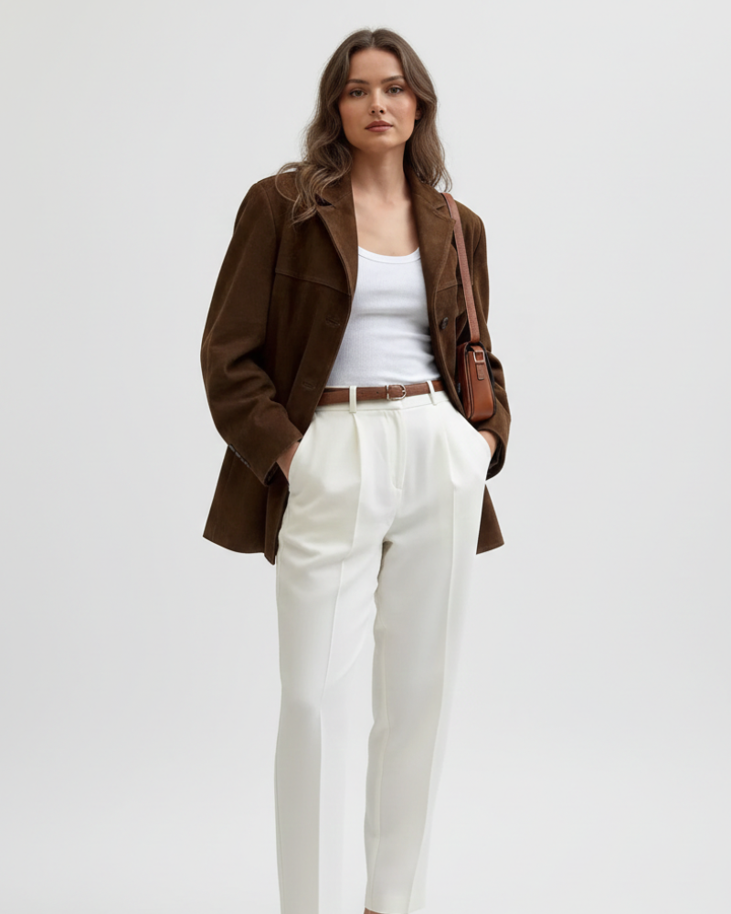 Sienna Blazer Suédine Dames – Elegante Jas Moderne Snit in Bruin Suède