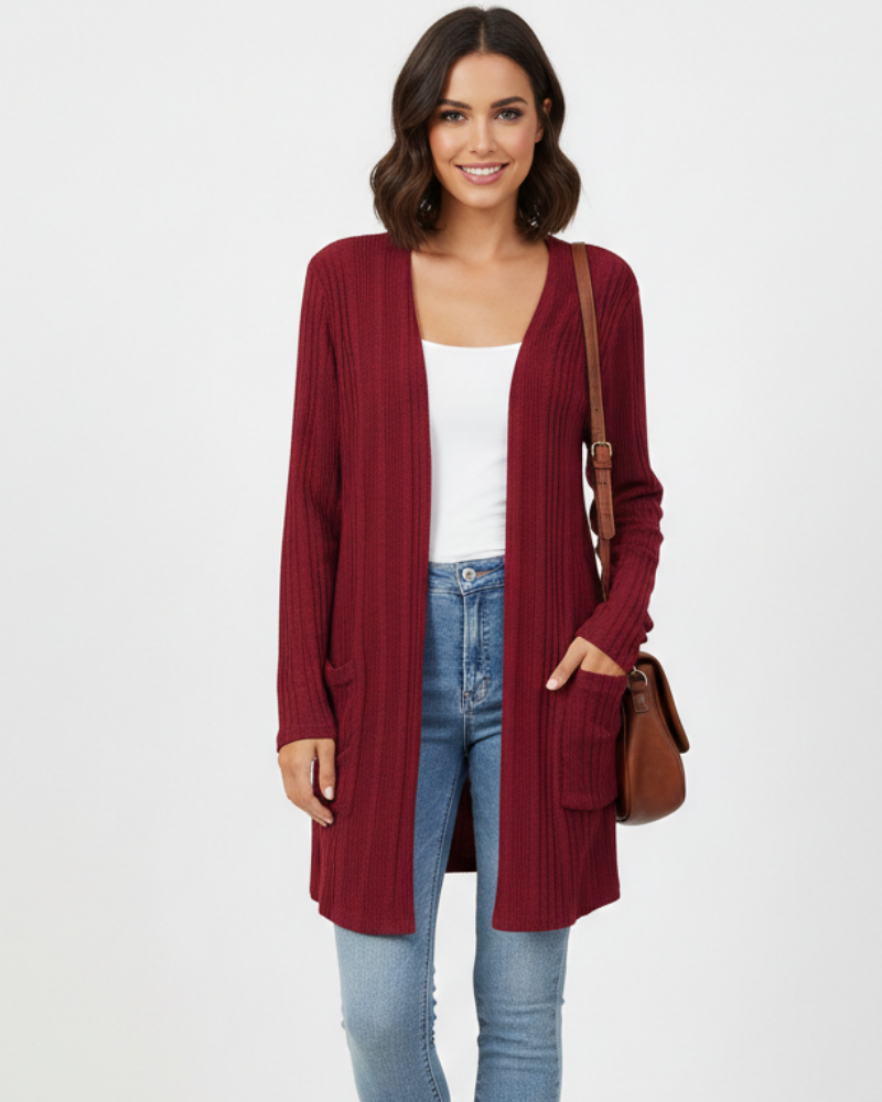 Isabelle-neuletakki pitkä naisille – avoin resorineuletakki taskuilla ja väljä leikkaus