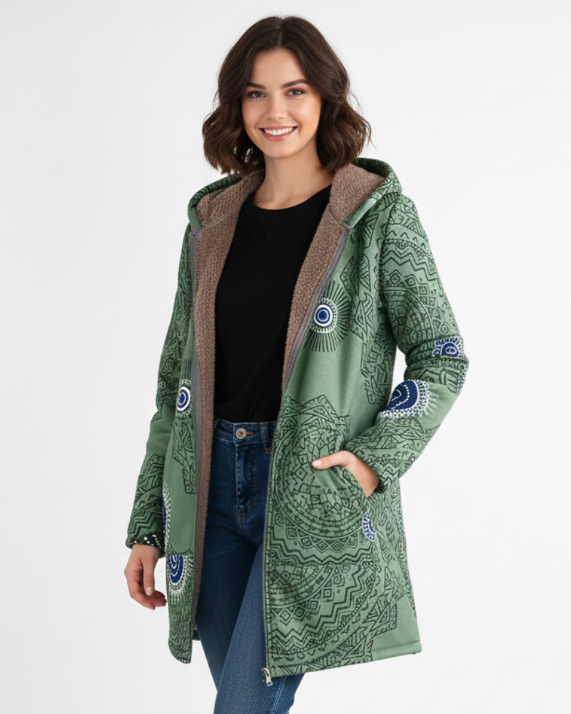 Parka Feminina Naomi Quente Boémia – Casaco Forrado em Sherpa com Capuz e Padrão Geométrico