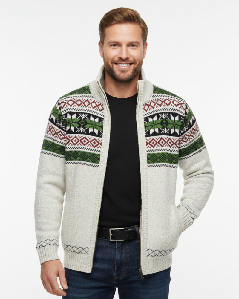 Moris Pánska Fleecová Vesta – Zimná Jacquardová Bunda s Vysokým Golierom a Skandinávskymi Vzorami