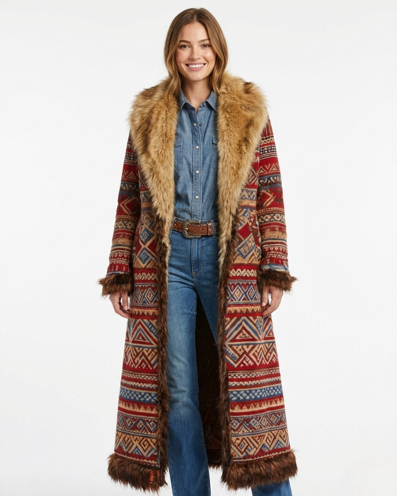 Isabella Abrigo Largo Mujer Boho – Abrigo Caliente con Estampado Étnico y Cuello de Piel Sintética