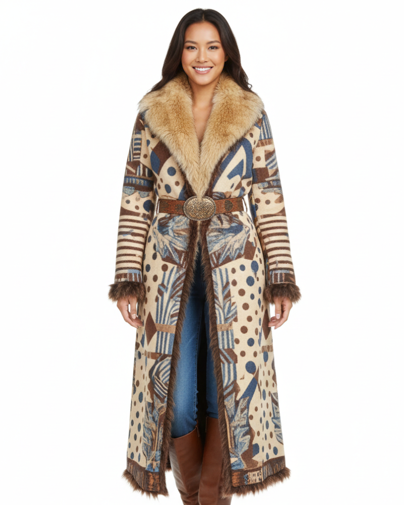 Isabella Abrigo Largo Mujer Boho – Abrigo Caliente con Estampado Étnico y Cuello de Piel Sintética