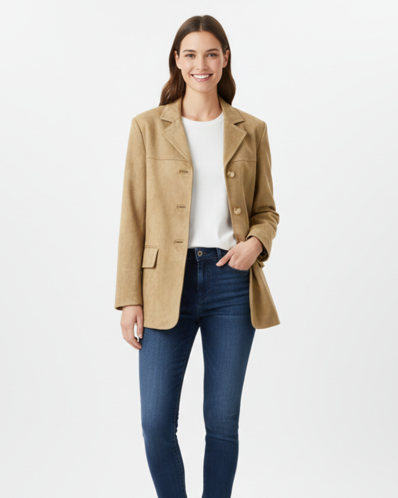 Dámský sako Calliope z umělé broušené kůže – klasické klopy, rovný střih a elegantní styl