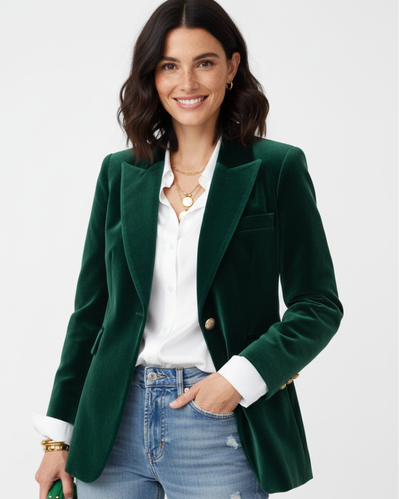 Haydee Velour Blazer Dame – Chic Grønn Jakke med Gullknapper & Elegant Snitt
