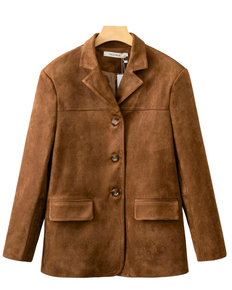 Dámský sako Calliope z umělé broušené kůže – klasické klopy, rovný střih a elegantní styl