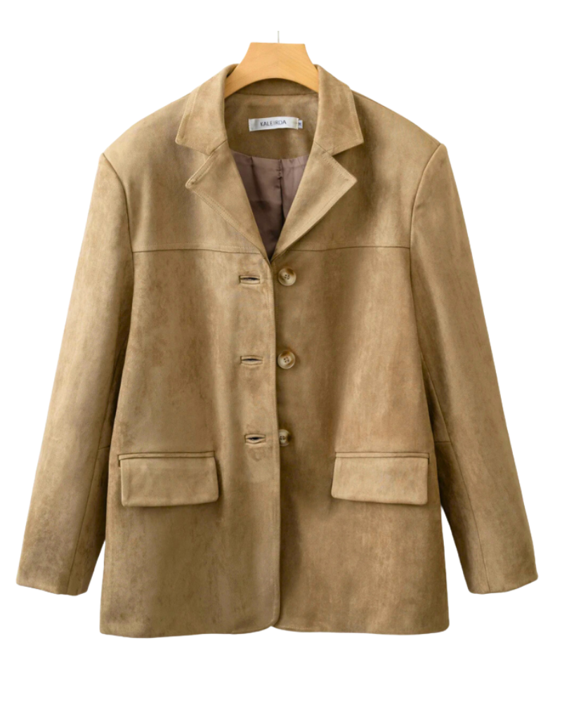 Dámský sako Calliope z umělé broušené kůže – klasické klopy, rovný střih a elegantní styl