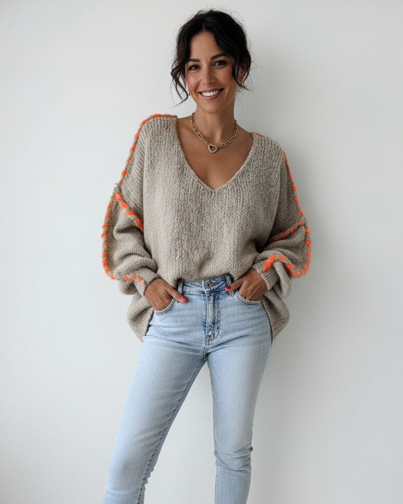 Sophie naisten V-kaula-aukkoinen neulepaita – väljä pitkähihainen neulepaita tyylikkäällä kuviolla