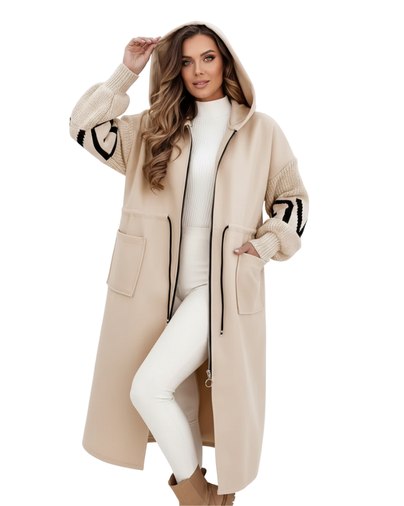 Ava Veste Patchwork Damska – Dopasowany Płaszcz Odpychający Wodę z Kapturem i Dzianinowymi Rękawami