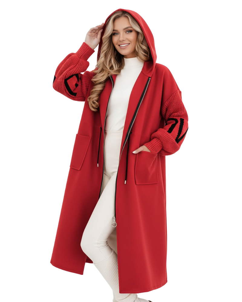 Ava Veste Patchwork Damska – Dopasowany Płaszcz Odpychający Wodę z Kapturem i Dzianinowymi Rękawami