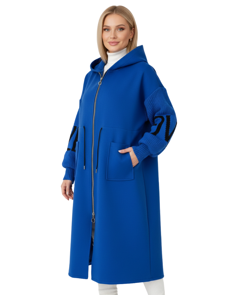 Ava Veste Patchwork Damska – Dopasowany Płaszcz Odpychający Wodę z Kapturem i Dzianinowymi Rękawami