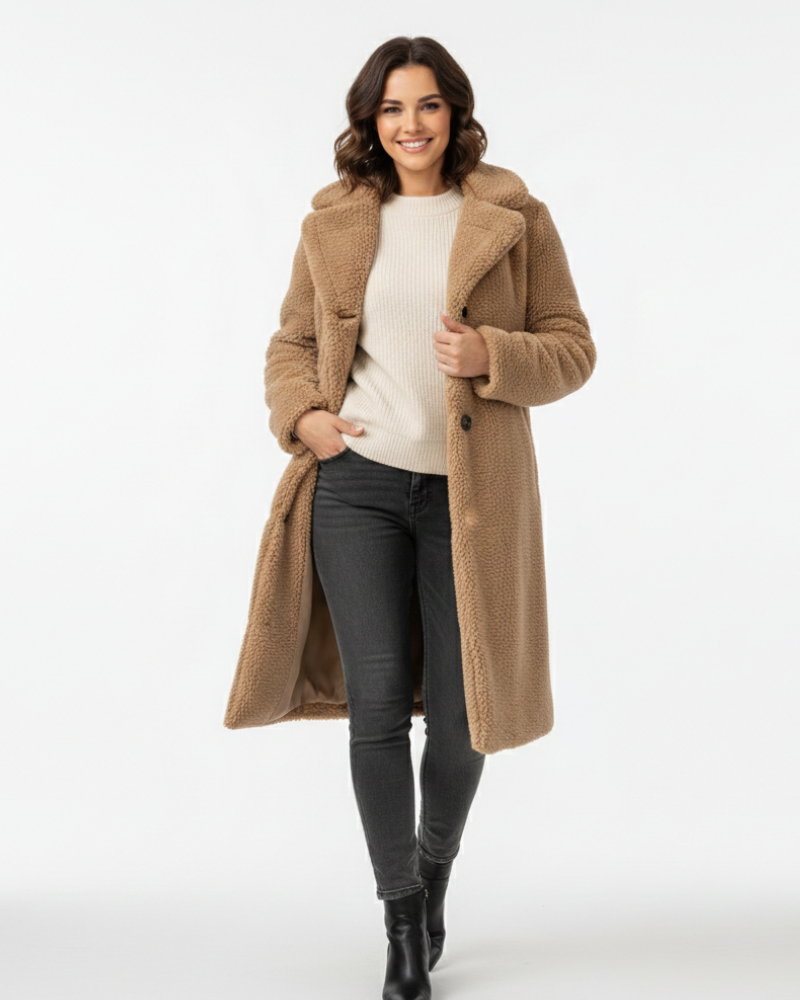 Angel Manteau Teddy Long Femme – Coupe Oversize Douce avec Col Revers & Fermeture Boutonnée