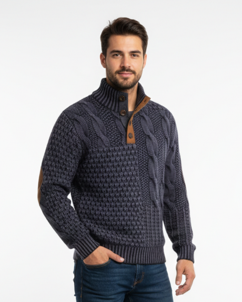 Aaron Pull Men Patchwork – High Collar with Buttons & Suede Details Regular Fit