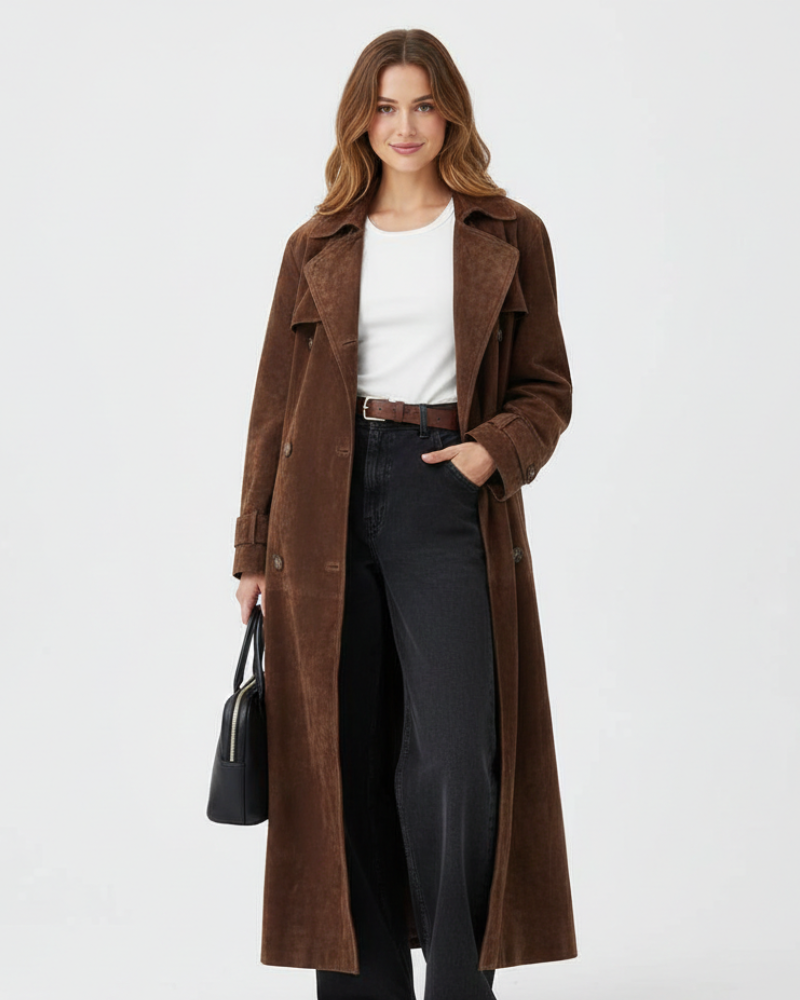 Bianca Long Coat for Women in Plant-Based Leather – Structured Cut, Suede Effect & Elegant Style