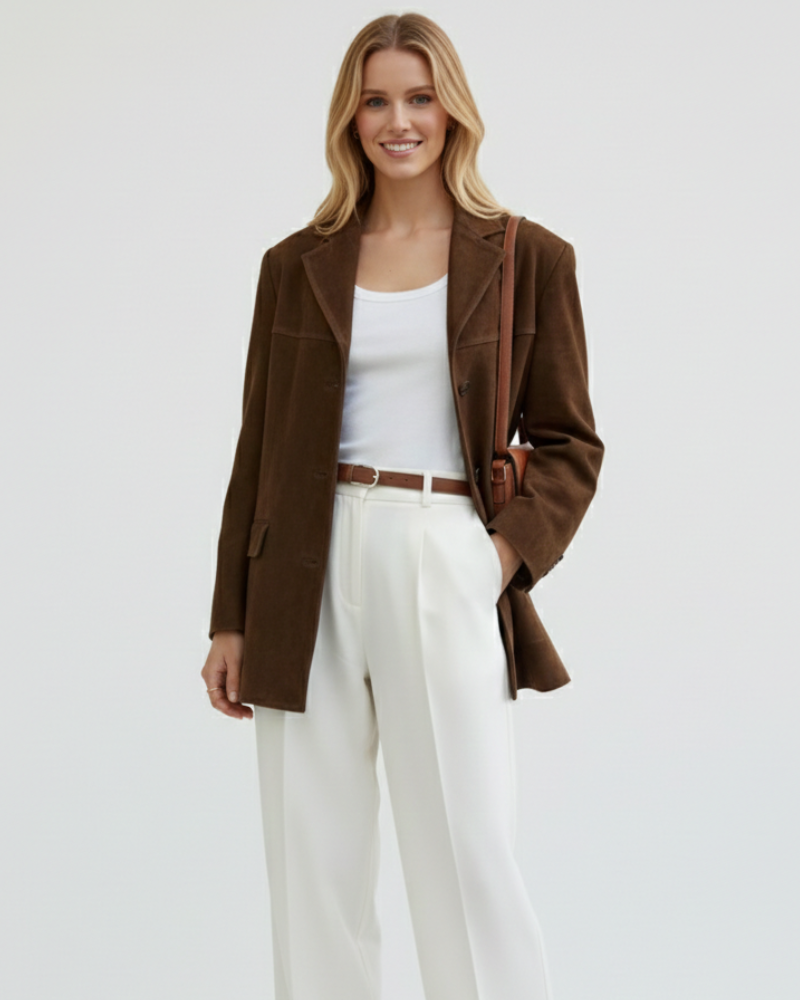 Dámsky semišový blejzer Marga – elegantná hnedá bunda s moderným strihom a elastickým materiálom