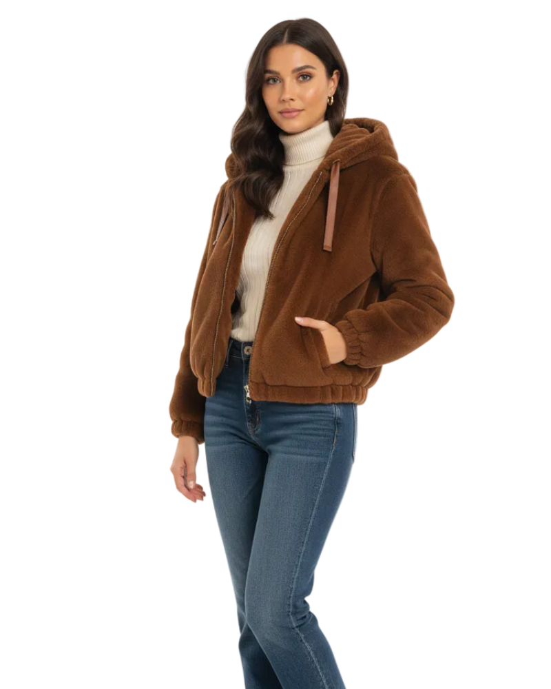 Emmaru Kurtka Teddy Damska z Kapturem – Ciepły Polarowy Płaszcz Komfortowy Krój i Modny Wygląd