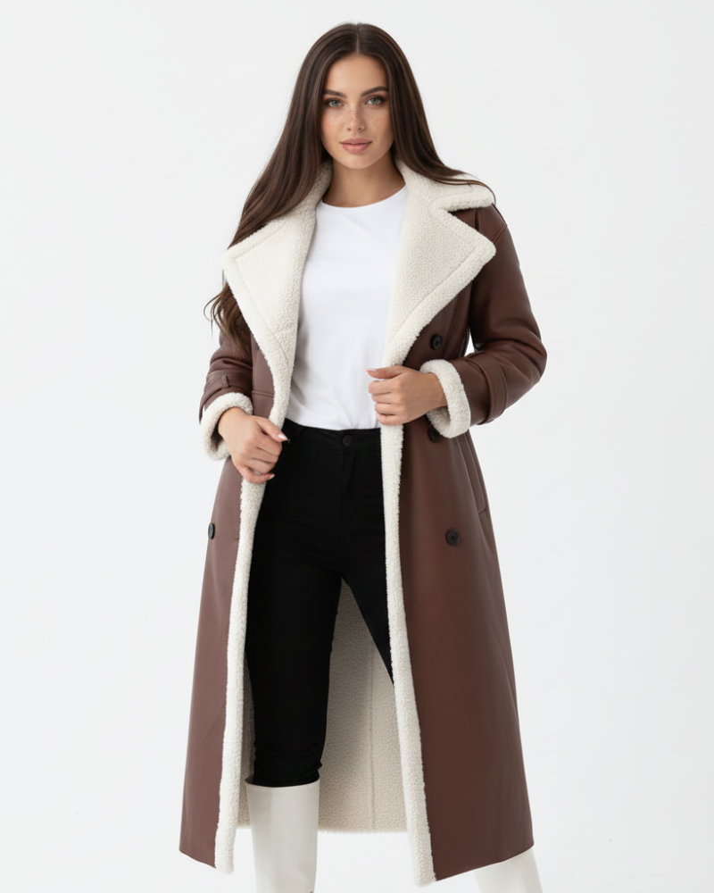 Rinna Casaco Comprido Mulher – Casaco de Duplo Abotoamento Efeito Camurça com Gola Forrada e Estilo Elegante