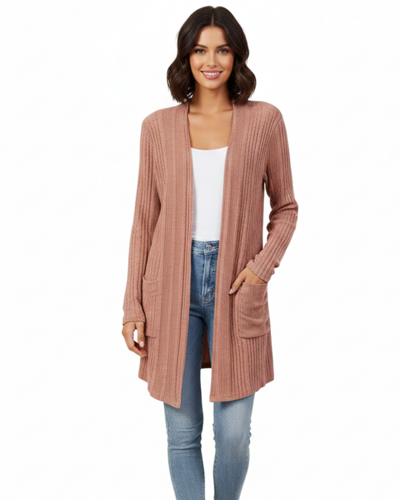 Cardigã Longo Isabelle Mulher – Casaco de Malha Canelada Aberto com Bolsos e Corte Descontraído