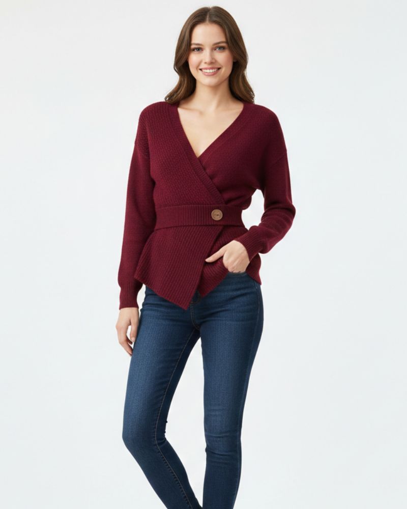 Γυναικείο Πλεκτό Μπλουζάκι Brinley με Σταυρωτό Σχέδιο – Ριγωτό Πλέξιμο, Δομημένος Λαιμός σε Σχήμα V & Κομψή Σιλουέτα