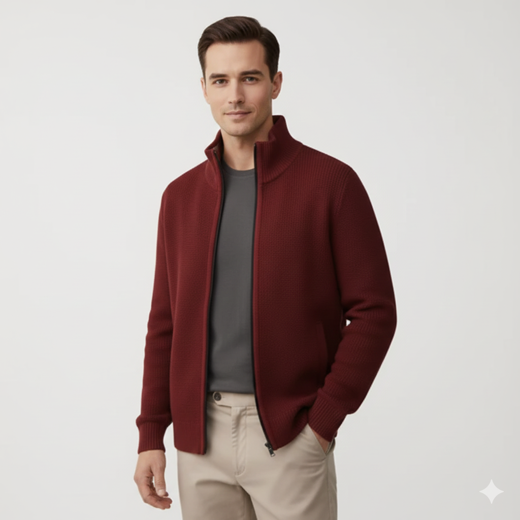 Jeffrey Gilet Zippé Homme – Pull Épais en Maille avec Col Montant & Doublure Chaude