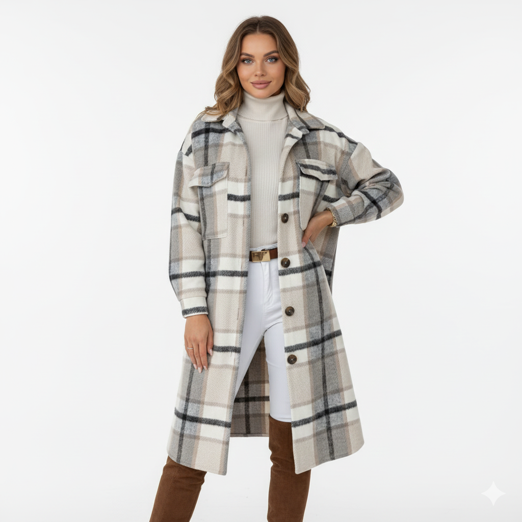 Jody Manteau Femme Carreaux – Veste Longue Oversize en Laine Mélangée Style Shacket