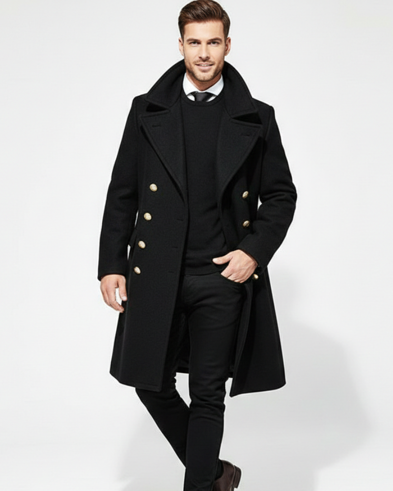 Kinsley Manteau Dlhý Pánsky – Klasický Obojstranný Golier, Dvojradové Zapínanie a Elegantný Štýl
