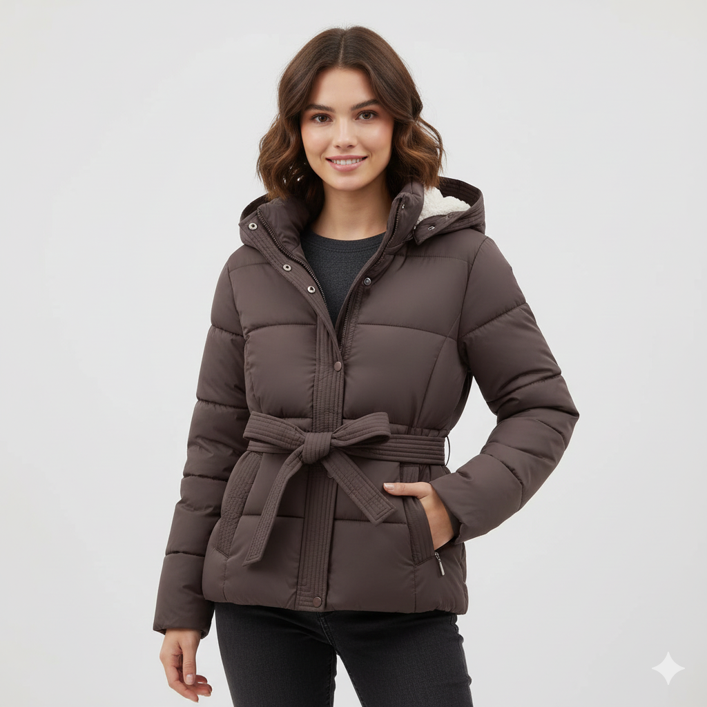 Leyna Doudoune Femme – Manteau Ceinturé avec Capuche Chaude & Coupe Élégante