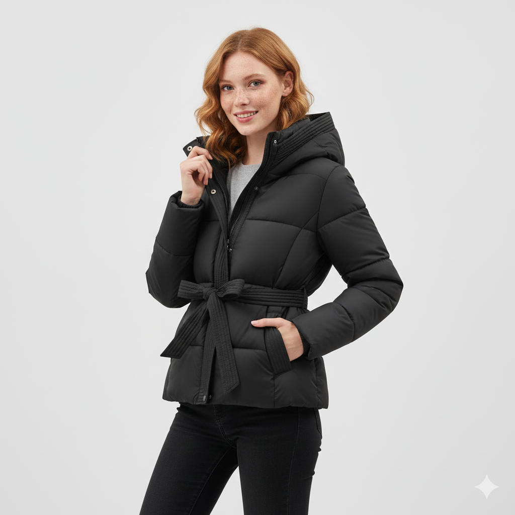 Leyna Doudoune Femme – Manteau Ceinturé avec Capuche Chaude & Coupe Élégante