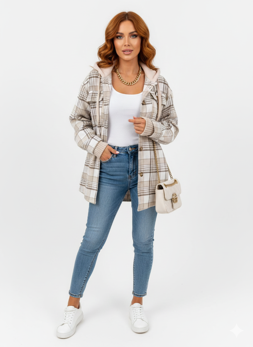 Lian Manteau Donna con Cappuccio – Giacca a Quadri Calda con Taglio Casual