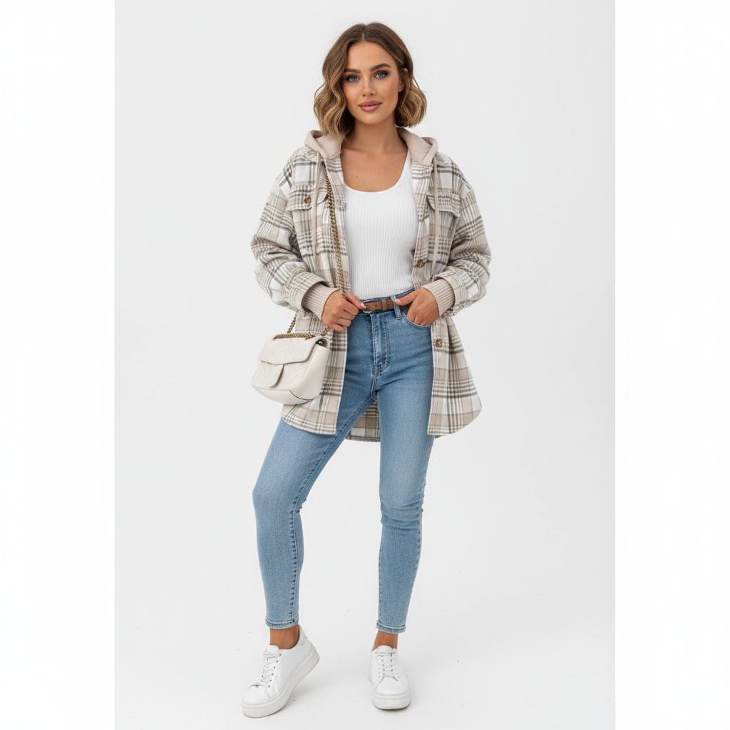 Lian Women's Hooded Coat – Warm Plaid Jacket with Casual Fit