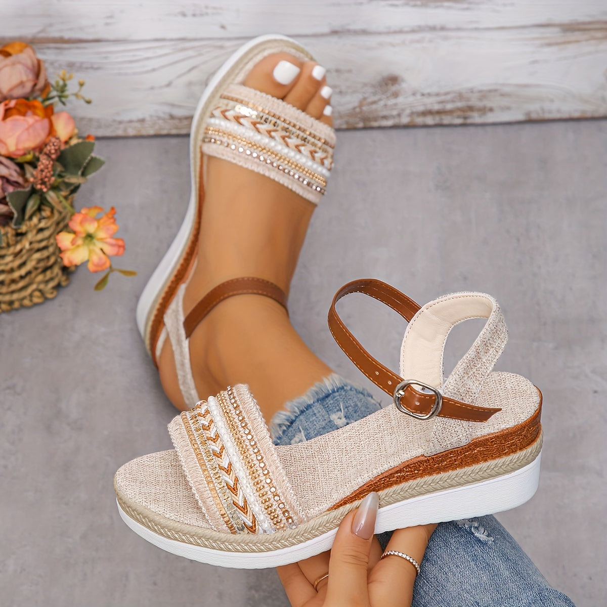 Sandali da donna Lunaria - Comodi sandali con zeppa e strass chic per l'estate